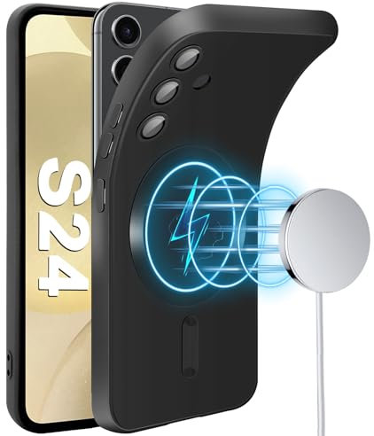 Handyhülle für Samsung Galaxy S24 Hülle [Kameraschutz Eingebaut] [Magnetische] [für Mag-Safe] Slim Silikon Weiche Metall Matte Textur Galaxy S24 Tasche Case Schutzhülle für Samsung S24 5G (Schwarz)