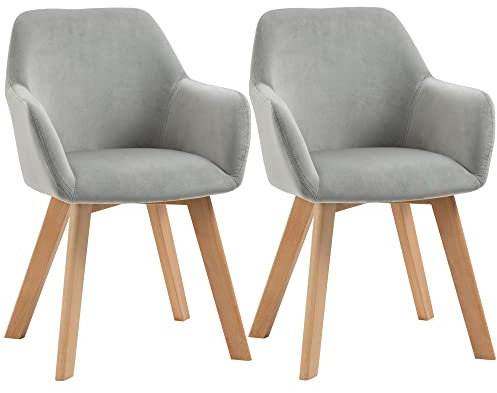 HOMCOM Esszimmerstühle 2er Set, Küchenstuhl mit Armlehne, Rückenlehne, Polsterstühle mit Samtoptik, Wohnzimmerstuhl mit Holzbeine für Küche, Esszimmer, Grau
