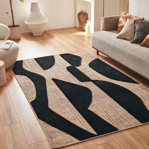 Nazar Palmateppich, Natur, Jute-Look, Naturteppich für Wohnzimmer, Schlafzimmer, Flur, Boho-Teppich, Naturfarbe (9489 schwarz, 120x170 cm)