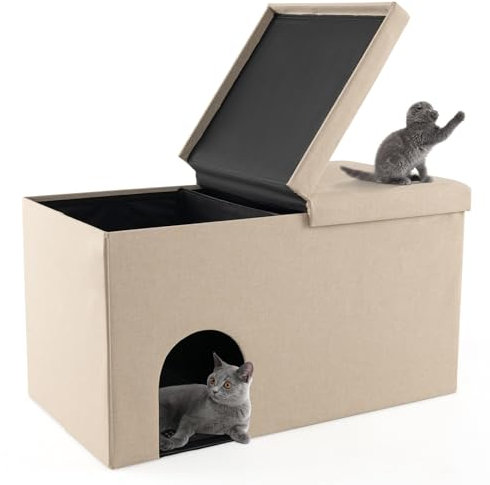 COSTWAY Katzenhöhle faltbar, 2 in 1 Katzenhaus Sitzbank, bis 200 kg, Katzenversteck für Katzentoilette Katzenklo, Indoor Katzenmöbel mit Deckel & Matte & Trennwand & Geruchsfilter, 90x50x50cm (Beige)