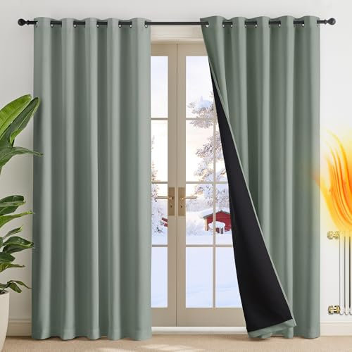 PONY DANCE 100% Blackout Double-Layer Curtains with Liner - Thermal 66x90 Inch Long Curtains for Bedroom Living Room, Energy Energy & Noise Reducing, Sage Green Grommet Blackout Drapes, 2 Panels