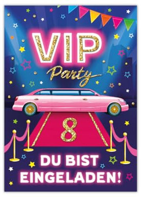 Junaversum 12 Einladungskarten zum 8. Kindergeburtstag Mädchen VIP Disco Mädchengeburtstag Einladungen achte Geburtstag Kinder