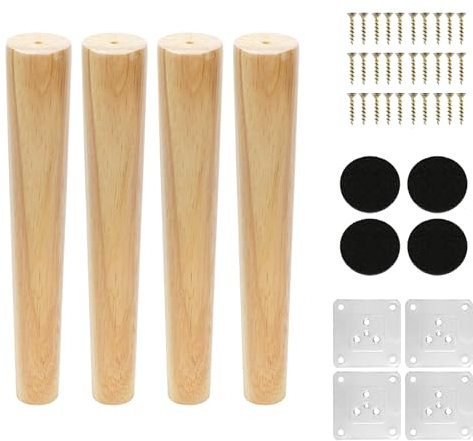 KINDPMA 4 Piezas 30cm Patas para Muebles Madera Roble Cónicas Patas de Mesa de Madera Patas para Sofas con Tornillos y Placa de Montaje para Cama,Sillón,Gabinete de TV, Armario