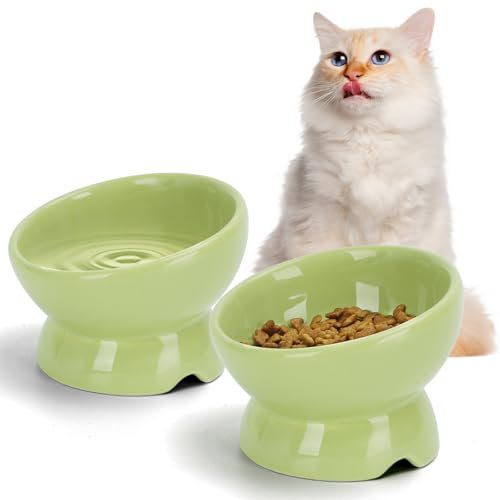 Nobleza - 2 Unidades Comedero Cerámica para Gatos， Comedero para Gatos Elevado con Inclinación de 15°， Reducir la Presión del Cuello y Prevenir los Vómitos， Comedero Gato para Gatos y Cachorros， Verde