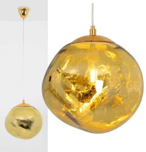 Alpinaluz Lámpara Colgante Bola de Cristal Metalizado Dorado Ø36cm – Pantalla Irregular Decorativa – Casquillo E27 – Altura Ajustable – Diseño Moderno para Salón, Comedor o Dormitorio