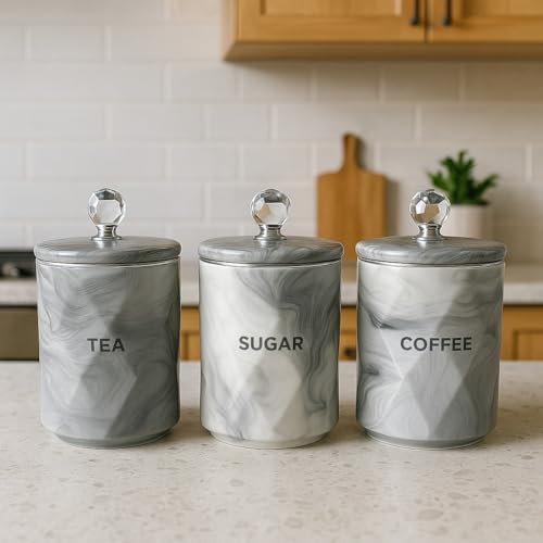 BML Marble Tea Coffee Sugar Canisters Jars Airtight Crystal Lids Uniques Design Kitchen Canister Set for kitchen Decor Housewarming Gift Set (Grey)