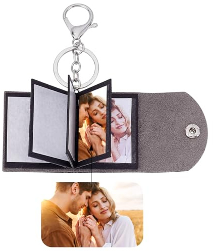 nbeads Porte Clés Mini Album Photo Rétro, Porte Clés Photo en Cuir Personnalisé avec 10 cadre Photo et Chaîne en Platine pour Famille et Ami, Noir, 5.2X4.7cm