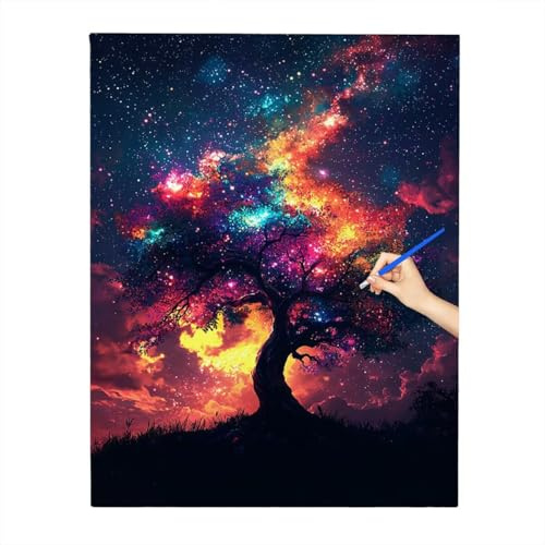 Malen Nach Zahlen Erwachsene Tree Of Life, Kreativ Set für Erwachsene Starry Night Paint by Numbers, Handgemalt Ölgemälde Kit mit 3 Pinseln, Acrylfarbe, Leinwand 40x50cm, Geschenke für Frauen X-39