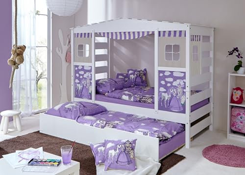 Hausbett Hochbett Spielbett Massivholz Kiefer Weiss teilbar, Bettkasten:Marianne