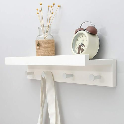 Wandregal mit Haken, Bambus, Garderobenleiste und Haken, schwebende Regale für die Aufbewahrung, für Flur, Badezimmer, Wohnzimmer, Schlafzimmer, Bambus, weiß, 48.5*12*8cm