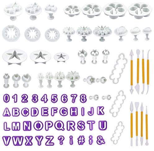 LUUFAN 84 Pcs Cake Decorating Tools Fondant Cutter Tools Set, DIY Sugarcraft Icing Cutters Rose Flower Alphanumeric Characters Moulds Set for Fondant, Almond Sugar, Syrup Biscuits, Chocolate