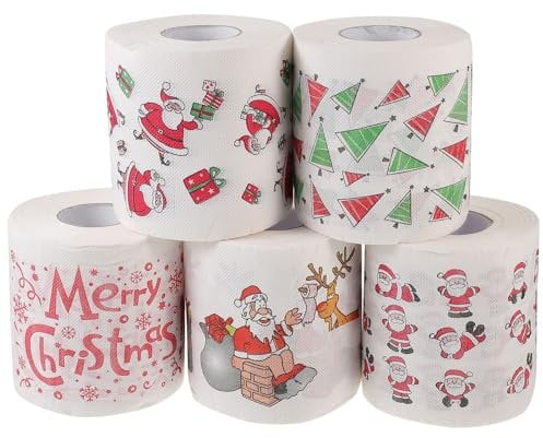 ULTNICE 5 Rolls Christmas Toilet Paper Novelty Xmas Printing Toilet Paper Rolls Santa Tissue Napkin Trick for Holiday Christmas Party Decorations Xmas Stocking Stuffers