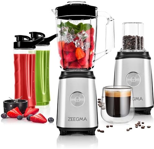 ZEEGMA Vitamine, Frullatore multifunzione 4 in 1 da 1050 W con brocca da 1 litro, frullatore elettrico per smoothie con blocco sicuro, macinacaffè, lame a croce, 2 bottiglie sportive da 600 ml