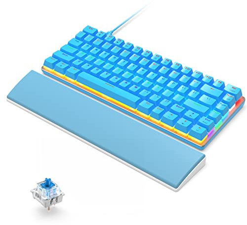 Tastiera Meccanica Gaming e Poggiapolsi, USB Cablato 82 Tasti Retroilluminazione Arcobaleno Anti-Ghosting Switch Blu Tastiera Design Ergonomico Compatto, Comodo Poggiamano in Memory Foam, Blu