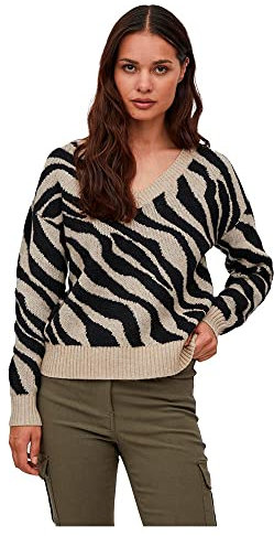 Vila Damen Viril Feami Mix V-neck L/S Knit Top Noos Pullover, Natural Melange/Pattern:with Black,L