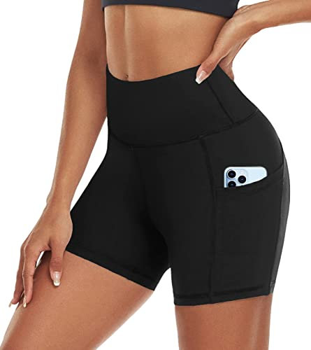 ACTINPUT Radlerhose Damen mit Taschen High Waist Yoga Shorts Kurze Leggings Blickdicht Sporthose Hotpants(Schwarz,L)