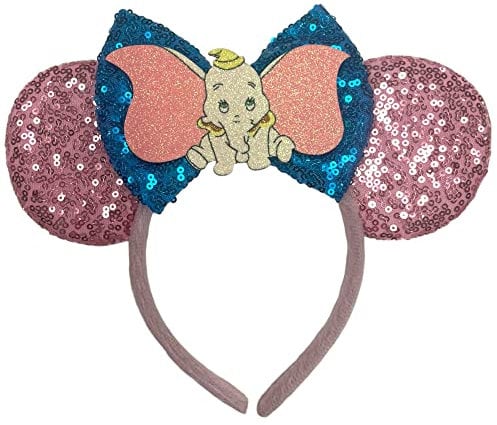 Dumbo Disney Classic Sequin Minnie Mouse Inspired Alice Headband Big 5 Sequin Top Bow Pink Ears Handmade
