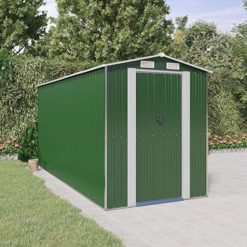 LAPOOH Geräteschuppen, Gerätehaus, Fahrradgarage, Gartenhütte, Fahrradunterstand, Gartenhäuschen, Garten Hütte, Fahrrad Unterstand, Grün 192x440x223 cm Verzinkter Stahl