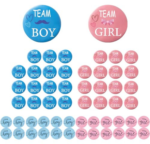 48 Stück Gender Reveal Party Deko Team Boy or Girl Pin Abzeichen Babyparty Gender Reveal Button Badge 24 Gender Reveal Pin + 24 Gender Reveal Sticker für Baby Shower Party Dekoration Zubehör Blau Rosa