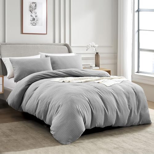 KASYLAN Breathable Duvet Cover Set with Zipper Closure - Waffle Dobby Weave Texture Duvet Sets, Modern Boho Duvet Cover & Pillow case, Microfiber Bedding Quilt Cover Set (Single, Light Grey)