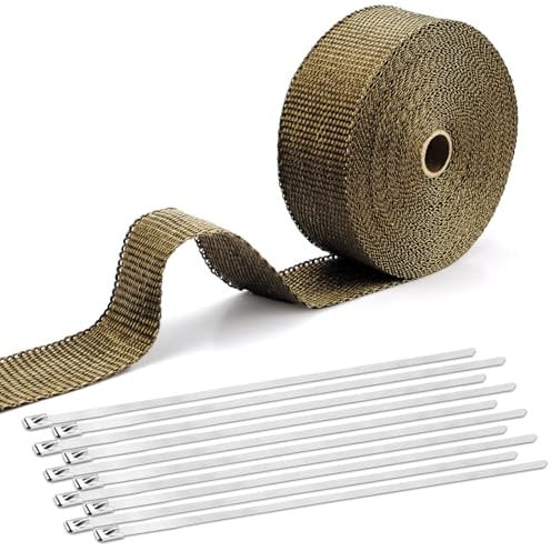 6M Hitzeschutzband Auspuff Dichtband Basaltfaser Auspuff Bandage mit 10 Kabelbinder Edelstahl Hitzeschutzband Selbstklebend für Fächerkrümmer Thermoband Krümmerband Auto Motorrad Auspuff (Titan Gold)