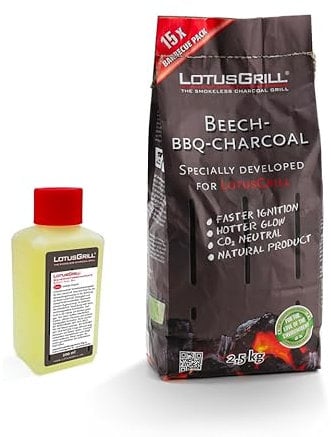 LotusGrill Kit Barbecue, Carbonella di Faggio 2,5 kg e Gel Combustibile 200 ml, per 15 Grigliate