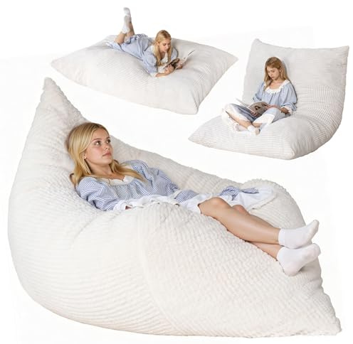 NALONE Bean Bag,4-in-1 Giant Bean Bag Chair for Adults, 6.4 FT Memory Foam Filled Beanbag Chair, Floor Sofa Bed with Fluffy Washable Flannel Cover, Lounge Couch for Bedroom, Living Room (White)