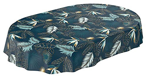 ANRO Wachstuchtischdecke abwaschbar Garten Tischdecke Wachstuch Rund Oval Eckig Indoor Outdoor Blätter Gold Blau Oval 200x140cm