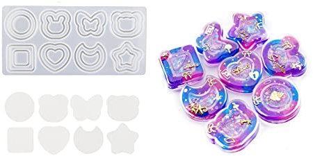 Xidmold Resin Shaker Mold with 40pcs Seal Films, Quicksand Silicone Moulds for Keyring Crystal Pendant Jewelry Making, Heart, Star, Bear, Rabbit, Moon, Round, Square