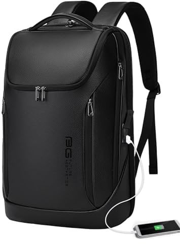 BANGE Business Smart Backpack Waterproof fit 15.6 Inch Laptop Backpack with USB Charging Port,Travel Durable Backpack, Leather Black, M, Fashion