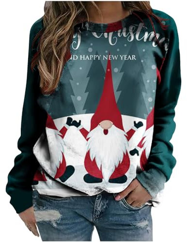 RKaixuni Hässliche Weihnachten Sweatshirts Frauen 2023 Wichtel Grafik T-Shirts Langarm Tunika Tops Crewneck Sweatshirts Pullover, blau, 42