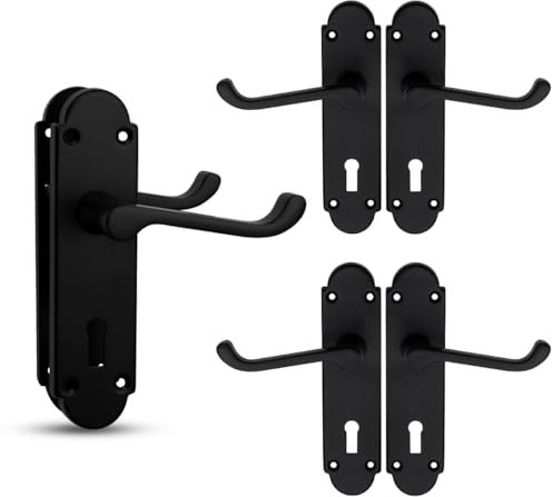 Bwintech 3 Sets Matt Black Richmond Lever on Plate, Latch Furniture, Backplate Door Handles, with Keyhole, Suitable for Wooden Doors