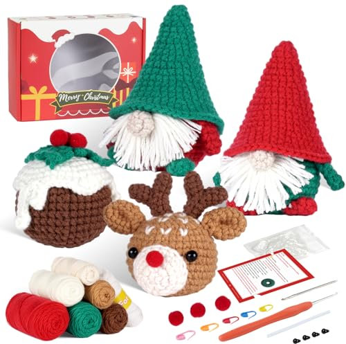 WowWoke 4-teiliges Wichtel Set,DIY Wichtel Figuren,Gestrickter Weihnachten Wichtel Deko,Wichtel Klein mit Weihnachtselch,Weihnachtswichtel mit Strickset und Video,Weihnachtsgeschenke
