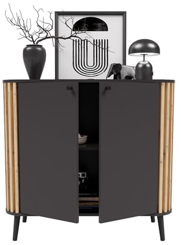 Kommode Anrichte Sideboard Retro Look grau mit Eiche Lamellen 2-türig 2 Türen 92x87,5x40 cm