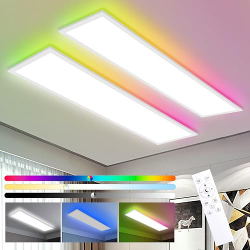 Oraymin 2x LED Panel 120x30cm Deckenleuchte Dimmbar mit RGB, 40W 4800LM Deckenlampe mit Fernbedienung, Speicherfunktion, 3000K-6500K Lampe für Wohnzimmer Schlafzimmer Küche Büro
