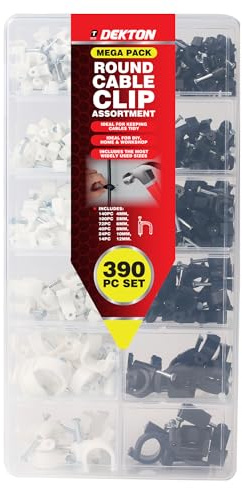 Dekton 390 Pcs Round Cable Clip Assortment-Assorted Sizes| Cable Management Clips| Securely Organize Cables & Wires| Durable Adhesive| Ideal for Home, Office & Workshop| Keeps Cables Tidy & Accessible
