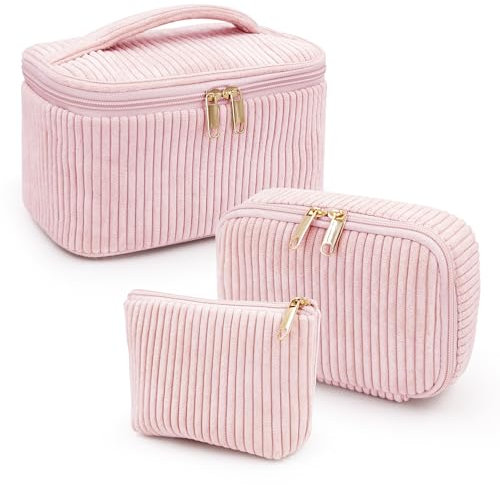 Lot de 3 Trousse de Toilette Femme Trousse Maquillage Trousse Matelassée Fleurie en Coton Doux Cosmétiques à Glissière Portable Grande Pochette Maquillage Organiseur Cosmétique Voyage (Rose)