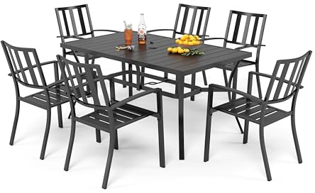 PHI VILLA Metall Gartenmöbel Set 6 Stühle mit Tisch Rechteckig Schwarz | Wetterfest E-beschichtet Terassenmöbel, 6 Stapelbare Stühle für Platz Sparen, Tisch mit 4-5cm Schirmloch