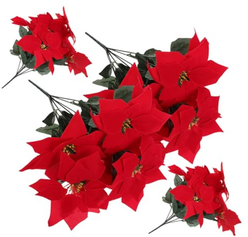 HAMPPLIES Künstlicher Weihnachtsstern 4stücke aus Seidenstoff Rot | Lifelike Optik, ohne Gießen Nötig, Eisen Draht und Flanell, Tischsetting für Weihnachten