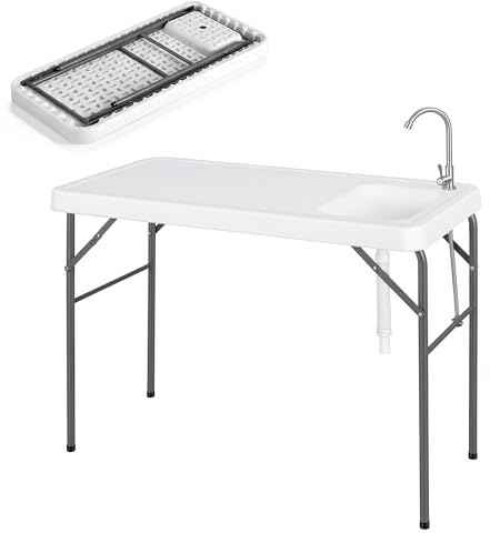 HOMASIS Table de Camping Pliante avec Évier et Robinet 360°, Charge 50 kg | Station de Préparation pour Pêche, Pique-Niques et BBQ, 104 x 59 x 76 cm, Blanc