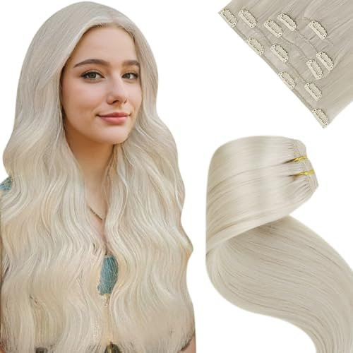 LaaVoo Clip in Haarverlängerung, Echthaar, Blond, #60, 80 g/5 Stück, 35 cm, Clip in Human Hair Extensions, platinblond, doppelt, Extensions, Naturhaar, Clip