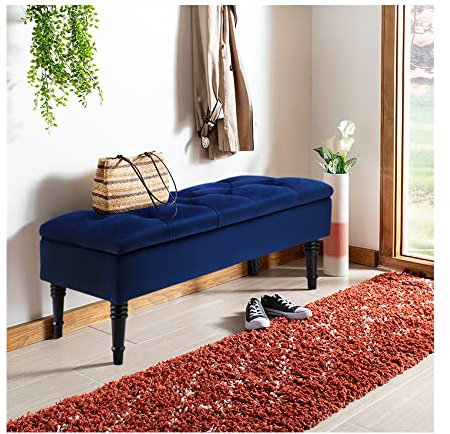 INMOZATA Storage Ottoman Bench Button Tufted Window Seat Upholstered Bench with Black Wooden Legs Velvet Bed End Stool Sofa Bench for Living Room Bedroom Hallway Blue