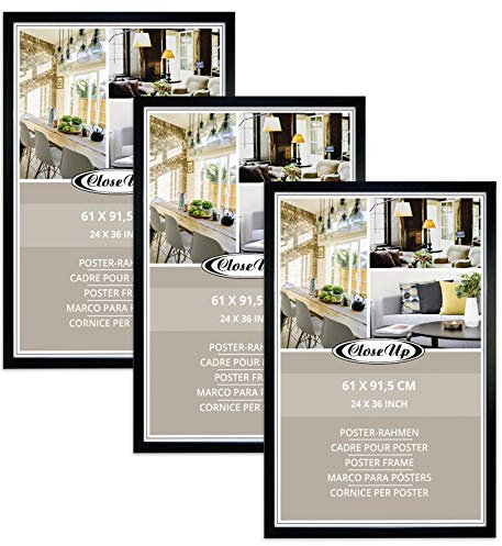 Close Up Posterrahmen 3-er Set Schwarz | Bilderrahmen aus MDF - Holzdekor - Holzoptik, Flaches Design, bruchsichere PVC Scheibe | 3 Pcs Black Frame | 61 x 91,5 cm