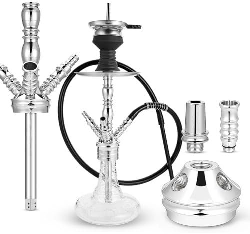 RMAN® Cachimba Shisha 53 cm Cachimba Shisha Completa con Manguera Cachimba Shisha Grande con Accesorios Premium incluyendo 3 Boquillas, Cazoleta de Cristal, Pinzas de Carbón - Plateado
