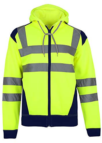 Hi Vis Viz Hoodie Zipper High Visibility Reflective Tape Band Work Fleece Safety Zip Hooded Top Jacket Warm Security Plus Sizes Small - 5XL (as8, alpha, one_size, regular, regular, Yellow, M)