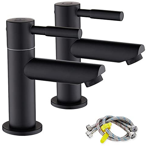 Ankoory Bathroom Basin Pillar Taps, Pair for Washroom, Modern 2PCS Faucets, Hot and Cold With Flexible Tails, 1/4 Turn Ceramic Disc, Quick Installation, Brass (Matte Black)