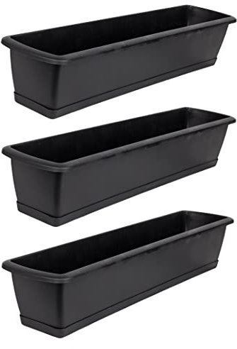 BigDean 3er Set Blumenkasten mit Untersetzer 90 cm lang anthrazit - aus PP-Kunststoff - Balkon Pflanzkasten schmal Balkonkasten