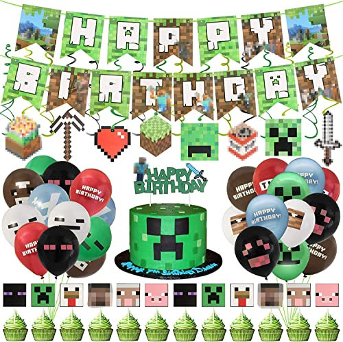 64 Stück Miner Geburtstag Deko, Miner Gamer Thema Party Dekoration, Video Game Party Zubehör, Jungen Miner Gamer Deko Geburtstag, Videospiel Geburtstags Dekoration Ballon Set, für Bergmann, Thema