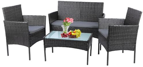 Panana Polyrattan Gartenmöbel-Set Balkonmöbel Lounge-Set Sitzgruppe Tisch mit Glasplatte Stühle Patio Wintergarten Outdoor Graues Rattan mit grauen Kissen
