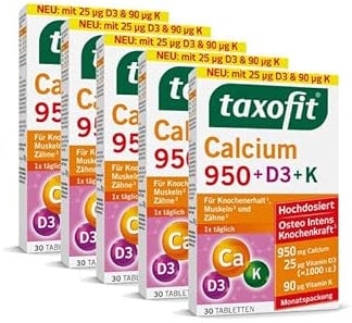 taxofit Calcium 950 + D3 + K Tabletten für den Erhalt von Knochen, Muskeln und Zähnen | hochdosiert | laktosefrei | Nahrungsergänzungsmittel mit Calcium, Vitamin D und Vitamin K | 5 x 30 Tabletten